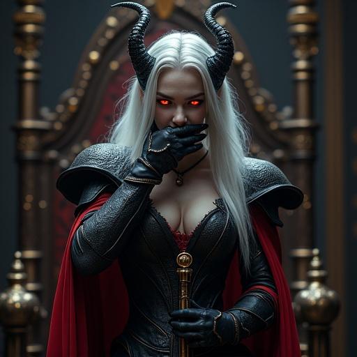 A beautiful demon queen with long silver hair and glowing red eyes in a gothic throne room. She has a faint smile and avoids eye contact. One hand covers her mouth while gripping a staff. Her posture is hunched and she looks tense. She wears black and crimson armor with a crown, surrounded by a magical aura. Her cheeks blush slightly and her legs fidget. The lighting is hyper-realistic and the atmosphere is cinematic.