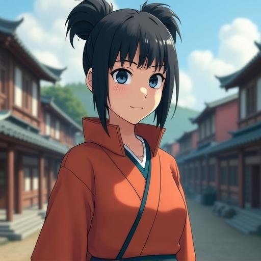 Anime-inspired young woman with unique features in a tranquil Japanese village setting. Character wears a stylish outfit with vibrant colors. Background showcases traditional Japanese architecture and greenery.