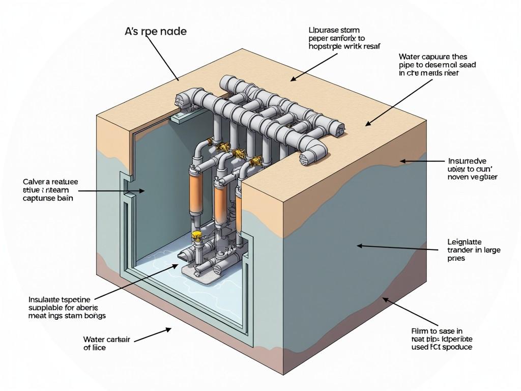 The image is a detailed schematic diagram illustrating a sand battery design with a volume of 30 cubic meters. At the core, a central steam release pipe is depicted, which plays a crucial role in the system's functionality. Below it lies a water capture basin designed to collect and recycle water for system efficiency. The walls and roof of the structure are insulated to maintain temperature, and large heat pipes are strategically positioned at the top. These pipes are reminiscent of those used in CPU coolers, ensuring effective heat distribution and retention for energy storage. The overall layout emphasizes sustainable engineering practices.