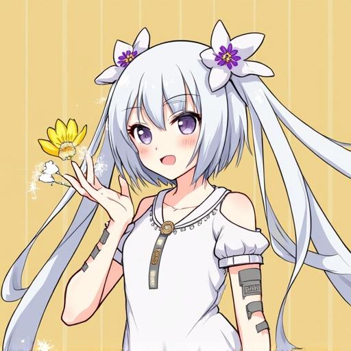 Anime character with light purple hair standing in an office setting surrounded by plants wearing a comfortable outfit and smiling
