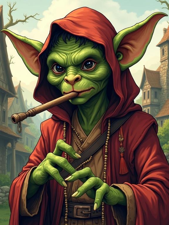 Goblin bard plays wooden flute. Character dances against village backdrop. Bold outlines around face. Arcane art style with bright colors. Simple facial features without shadows. Vivid illustration style.
