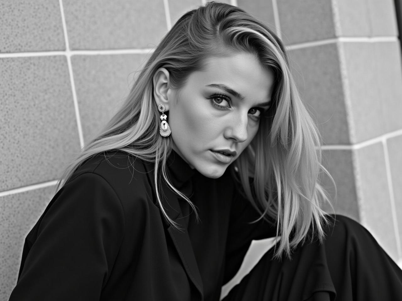 The image captures a stylish individual in a black outfit. The person has long, light-colored hair that falls softly over their shoulders. Their ear is adorned with a unique earring that complements their look. The background features tiled walls, adding to the aesthetic. The photo has a monochrome filter applied, enhancing the overall mood.