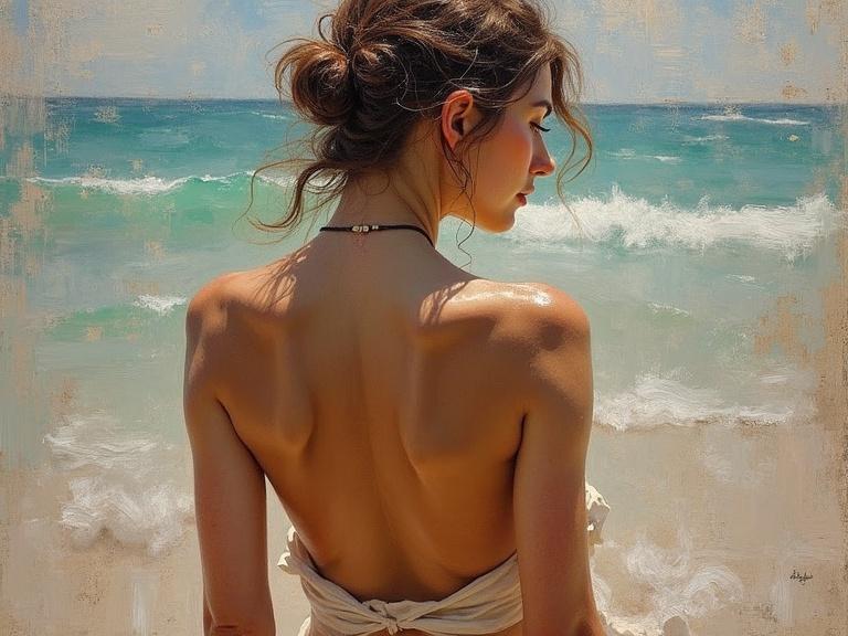 Painting of a woman seen from behind at the beach. Natural setting with ocean waves. Impressionist style with texture and layered brushstrokes. Evokes a sense of serenity.