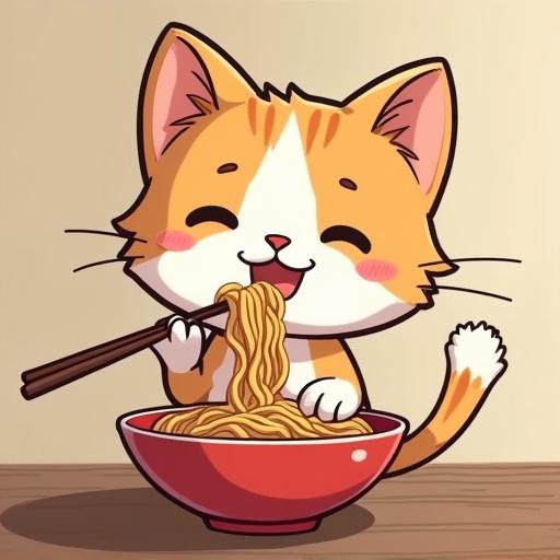 A cute cat happily eating ramen with chopsticks. The cat has orange and white fur and is sitting at a table with a bowl of noodles. The setting is light and cheerful.