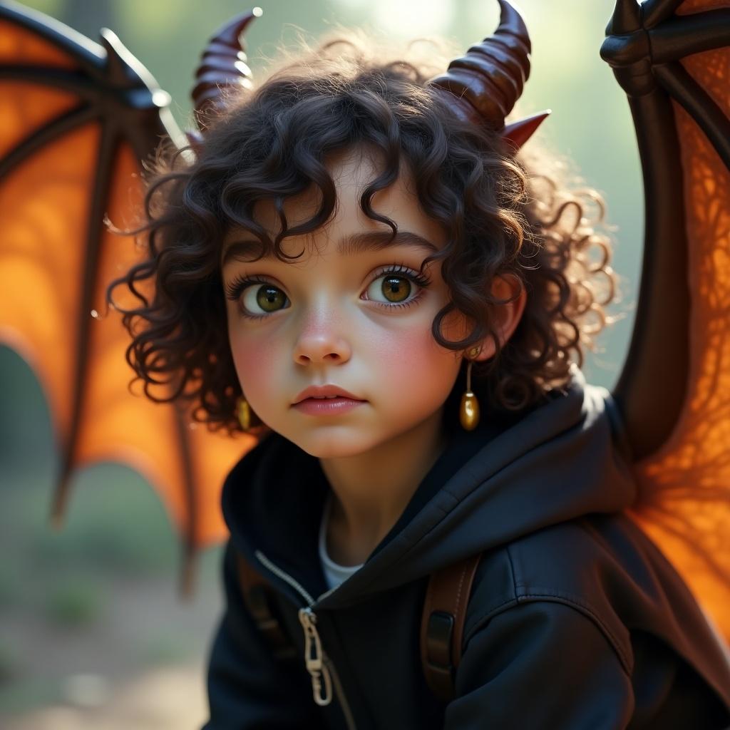 Image features a fantasy-themed character with brown dragon wings and scales. Character has unique eyes and a golden tooth, dressed in black attire. The scene is set outdoors with soft lighting.