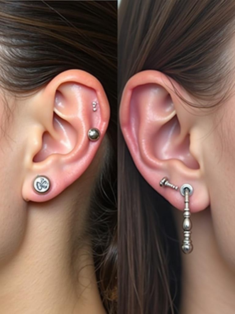 Two human ears displayed side by side. Left ear features one standard lobe piercing, two high lobe piercings, one flat piercing, and one tragus piercing. Right ear showcases two lobe piercings, one helix piercing, and one forward helix piercing.