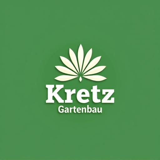 Logo design for a gardening company named Kretz Gartenbau. Features a green background with a stylized leaf graphic and the company name in bold white lettering.