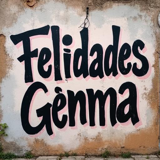 Graffiti featuring the text FELICIDADES GÈNMA on a textured wall. The design uses vibrant colors with a playful font.