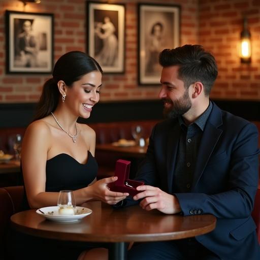 A woman in an elegant black dress receives a small velvet jewelry box from a man in a navy suit. They sit at a round wooden table in a warmly lit café. The woman's hands reach toward the open box containing a silver necklace. Her face shows a gentle smile with moist eyes. Behind them, exposed brick walls feature framed black and white photographs. Brass pendant lamps cast a golden glow across tables and leather chairs. A half-empty wine glass and dessert plate rest on the table.