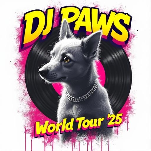 90s-inspired bootleg rap t-shirt design with placeholder for custom pet photo. A cute dog silhouette in grayscale framed by bold neon pink and yellow text reading 'DJ Paws' and 'World Tour '25'. Background transparent with distressed retro texture and vinyl record accents.