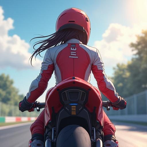 rearview of an anime girl on a race bike