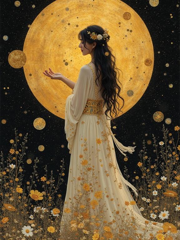 A graceful woman in an elegant gown stands against a large golden circle. Her long hair cascades down her back. She holds her hands out as if interacting with the celestial bodies around her. The scene is adorned with flowers and a starry night backdrop.
