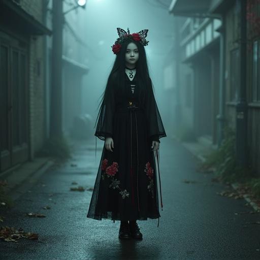 A ghostly young girl inspired by Persephone standing quietly in a foggy urban alley at midnight. She wears gothic lolita and traditional Japanese attire with black lace and cherry blossoms. Her long black hair and haunting amber eyes have dark floral accessories. She stands barefoot on wet asphalt reflecting her elegance. The scene features cinematic lighting and dark fantasy atmosphere.