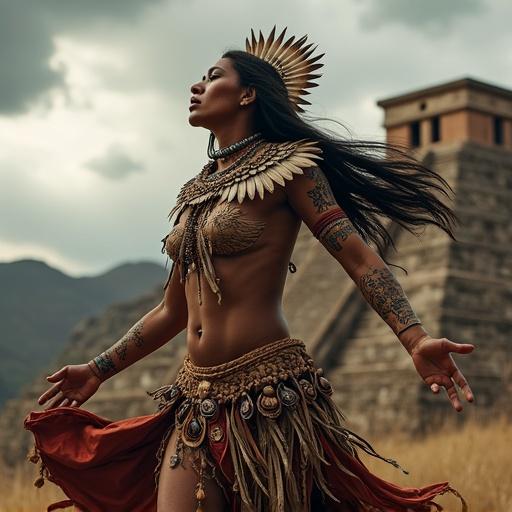 A Maya dancer embodies eagle spirit. She wears a feathered shoulder piece and a bird-beak headdress. Tribal symbols adorn her arms. Skirt flows with movement. Her gaze is sharp and upward. Backdrop features a cliffside temple under a dramatic sky.