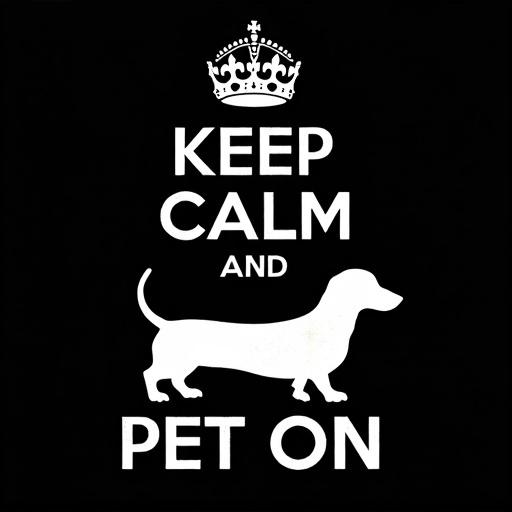 Charming design features parody of 'Keep Calm and Carry On' poster. Crown at the top; bold white text reads 'KEEP CALM' at the top. Below, an elongated silhouette of a Dachshund stretches mid-stride. Text 'PET ON' replaces usual verb. Crisp white graphics on solid black background with a vintage feel. Witty message for dog lovers; celebrates joy of petting dogs.