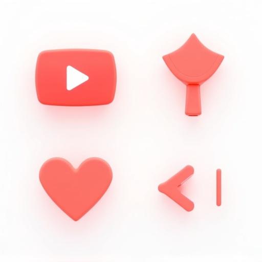 Illustration features YouTube engagement icons in bright colors including subscribe button thumbs-up icon notification bell heart symbol share arrow on clean white background.