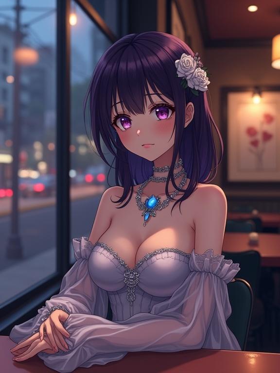 Captivating anime woman with shoulder-length dark violet hair and striking eyes sits at a table in a dimly lit restaurant. She wears an elaborate light silver off-the-shoulder gown with sheer, flared sleeves. An exquisite multi-layered necklace with a blue gem adorns her neck. The atmosphere is serene and somewhat melancholic, with warm lighting illuminating the background.