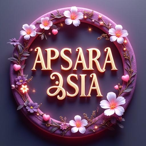 Luxurious and elegant digital image. Deep purple circle surrounding the name 'APSARA ASIA' in 3D font. Flowing swirl font is luxurious and prominent. Letters decorated with intricate designs. Text bathed in rich white gold. Warm glow from within text adds magic. Intertwined with delicate white hibiscus flowers, small flowers, and glowing fuschia hearts. Shimmering stars and spheres enhance atmosphere. Grounded on muted neutral background. Colors and details stand out. Petals, leaves, and glowing lights create 3D effect.
