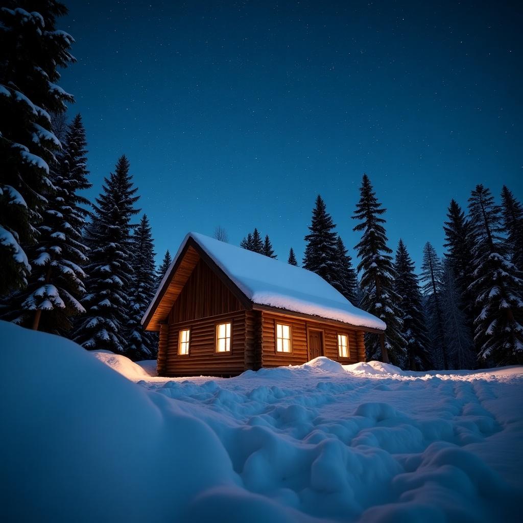 A starry night sky above a snowdrift. A log cabin stands in the background surrounded by tall evergreen trees. The ground is covered with snow.