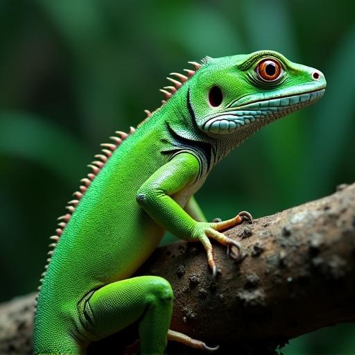 Close-up of a green lizard sitting on a branch. Lizard displays vibrant colors and details. Natural setting with blurred background of leaves