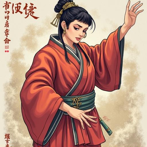 Character in traditional Japanese attire with striking features and a graceful pose. The character exhibits a confident expression and elegant movement. The background is minimal, emphasizing the character’s style.