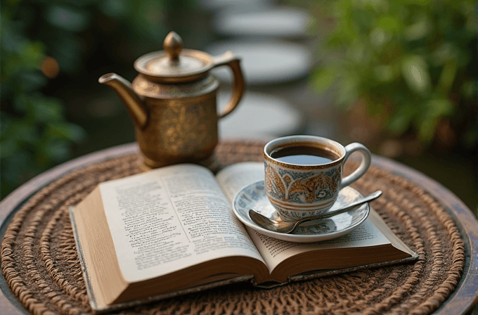 An intricately designed teapot and an ornate teacup rest on an open book, set on a woven mat with a blurred garden path in the background.