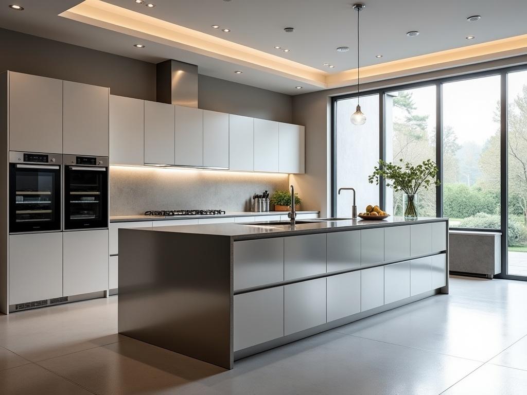 The image features an ultra-modern kitchen design. It showcases a sleek, stainless steel island that serves as the centerpiece of the room. The kitchen is equipped with high-end appliances, including built-in ovens and a gas cooktop. Large windows allow natural light to flood the space, highlighting its contemporary decor. The cabinets have a smooth, minimalist finish, complementing the overall elegant look of the kitchen.