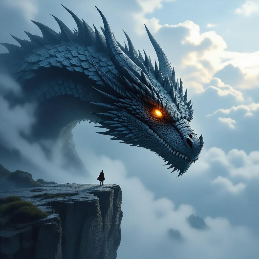 A massive dragon's head emerges from mist. Face-to-face with a tiny human standing at the edge of a steep cliff. Dragon's scales are dark and textured. Glowing eyes locked onto the small figure. Epic fantasy atmosphere with dramatic lighting. Cloudy sky in background. Highly detailed and realistic style.