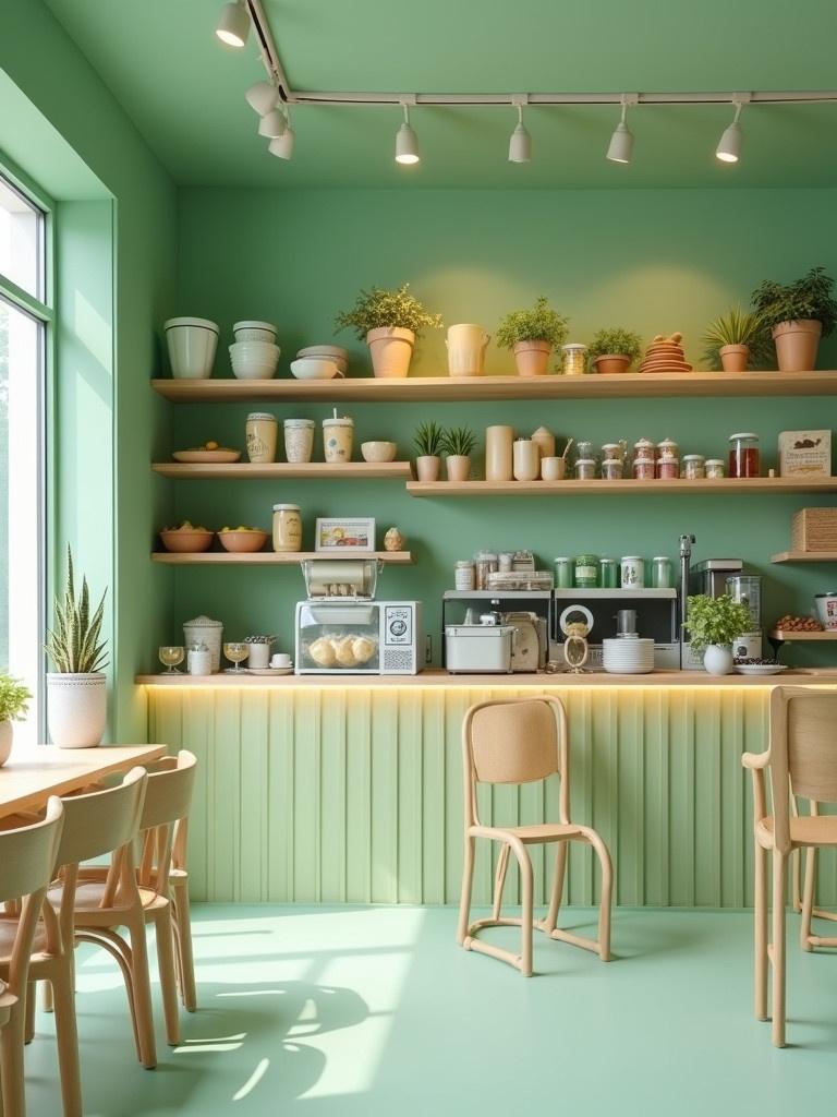 Interior design of a coffee shop designed for kids. Features coffee drinks and desserts displayed with pistachio colors. The atmosphere is inviting and cheerful.