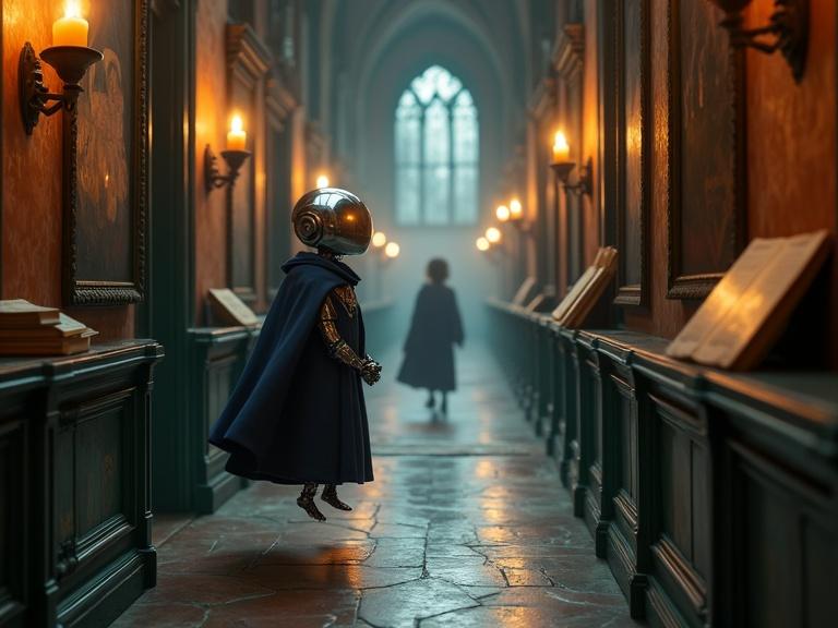 A small silver robot floats through a magical school corridor. The long hallway has floating candles, moving paintings, and glowing runes. Books fly past as the robot glides peacefully, its cloak fluttering in the atmosphere that is mysterious and enchanted.
