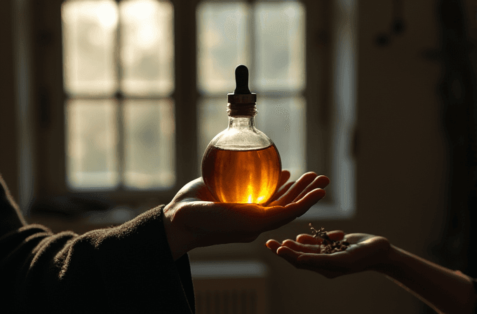 A hand holds a glowing bottle of liquid in the sunlight, while another hand reaches out with herbs.