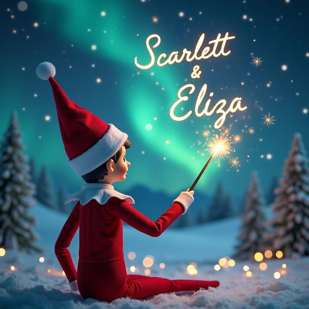 Elf facing the sky with a wand writing in the air. Magical Christmas background with northern lights. Names Scarlett and Eliza displayed beautifully in the sky. Snowy landscape and festive mood.