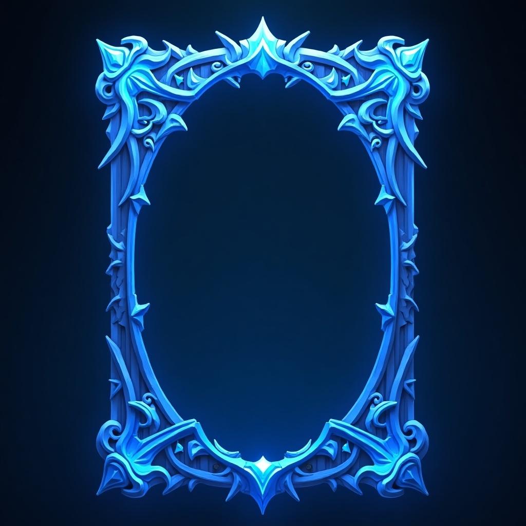 Ornate blue frame for a game card. Intricate designs and shapes. Empty center for customization.