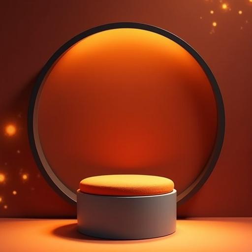 Sleek modern minimalist stool design. Vibrant circular orange cushion on smooth matte gray cylindrical base. Base anchored to wider gray circular platform. Large ultra-thin black circular frame behind. Background with deep maroon or saffron gradient. Soft golden bokeh lights enhance festive ambiance. Soft diffused lighting casts minimal shadows.