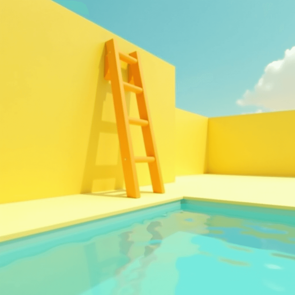 A bright yellow ladder leans against a yellow wall beside a clear blue pool under a sunny sky.