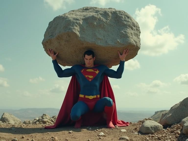 Superman in a cinematic scene is holding an oversized rock above his head while kneeling. One knee is on the ground, and the rock is too large to fit entirely in the frame. The front view shows his struggle against the heavy weight.