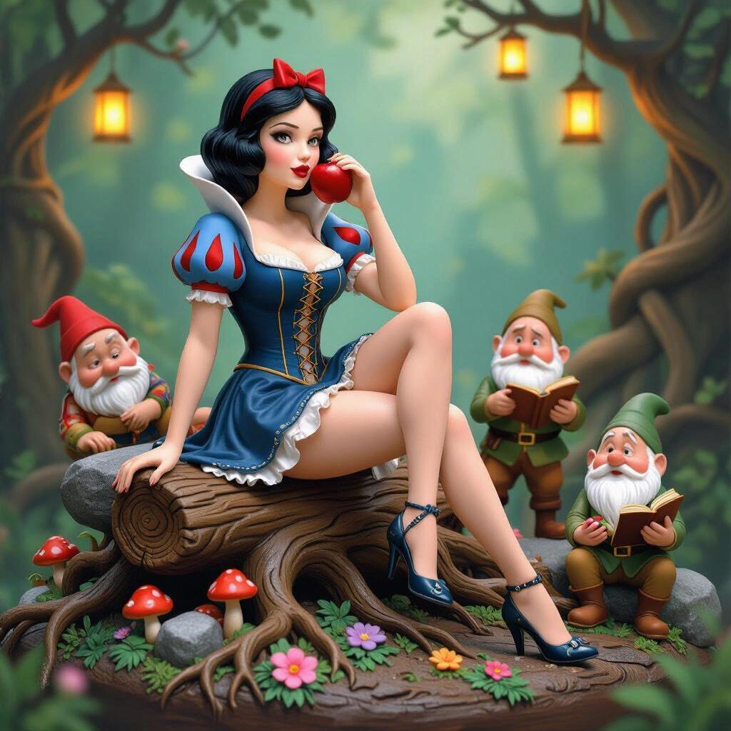 Ultra detailed resin figure of sexy Snow White sitting on a log with roots and flowers. One leg crossed in the air. Tight dress with corset and miniskirt in a sensual pose. Holding a red apple. Black hair with red ribbon. Four dwarves around. Base with glowing mushrooms and hanging lanterns. Magical flowers and tangled roots.