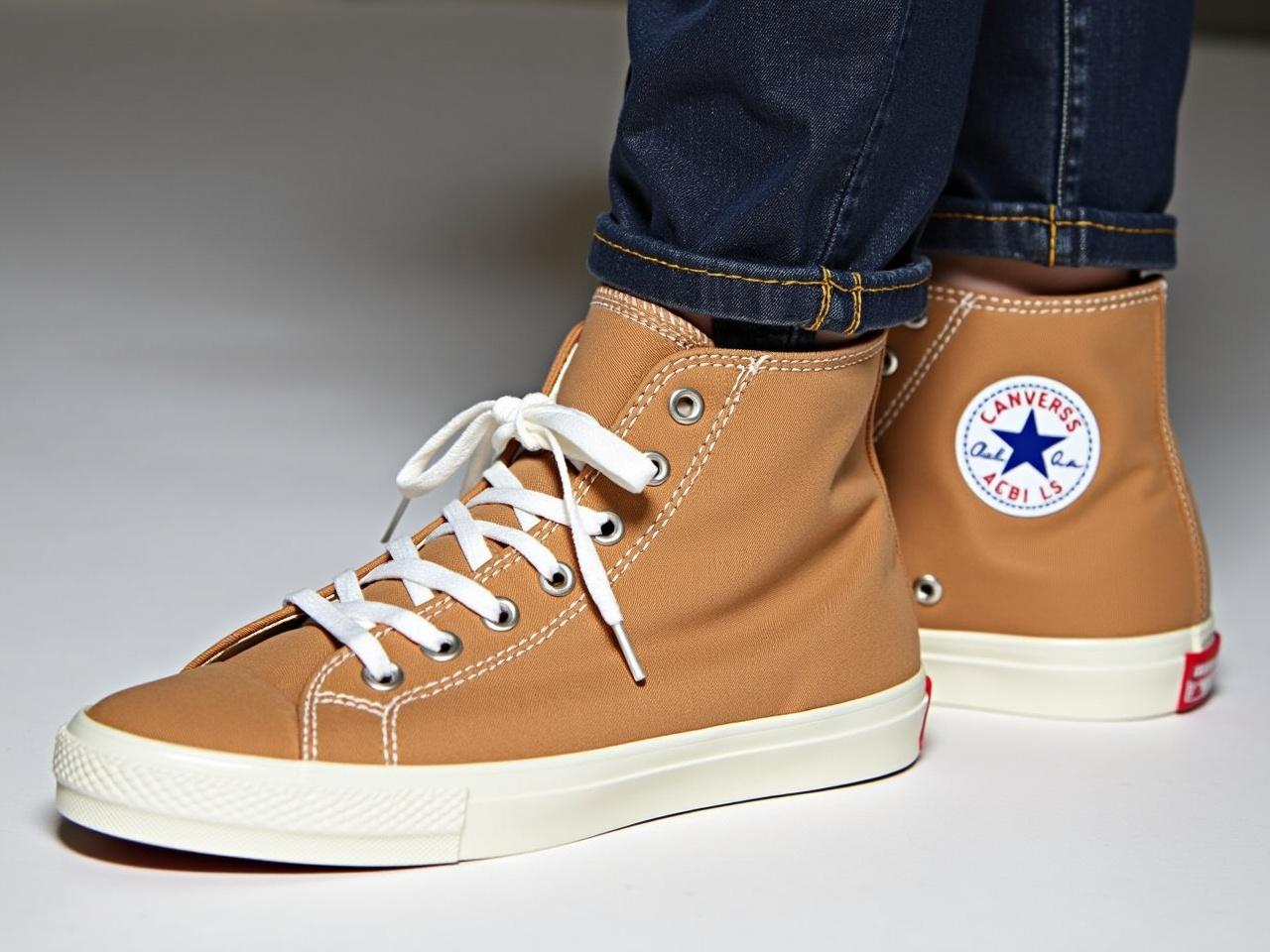 A side view of a person wearing tan high-top sneakers with white laces and a patch logo, paired with dark denim rolled up jeans.