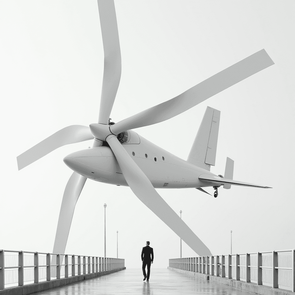 A man walks towards a massive futuristic aircraft with oversized propellers on a pier.