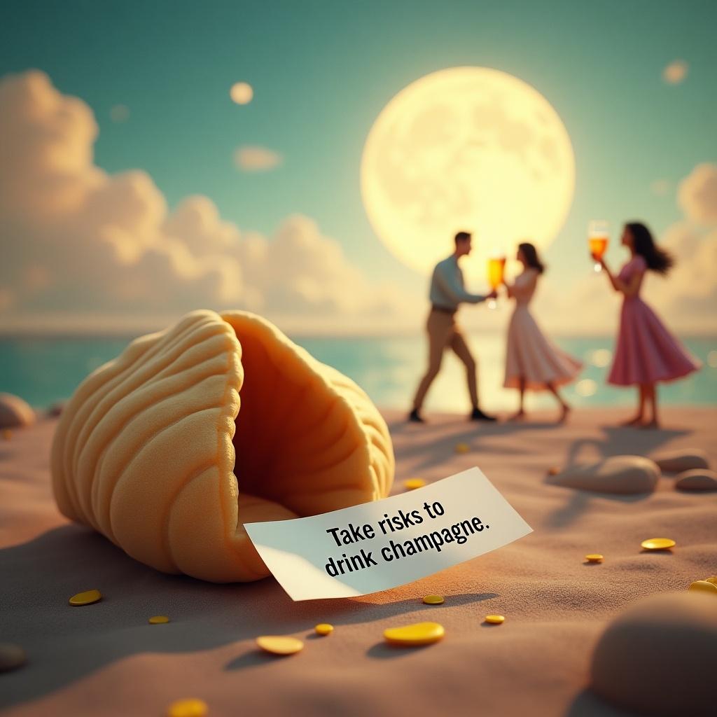 A fortune cookie lies on a sandy beach. A note inside reads Take risks to drink champagne. In the background, two people toast under a large moon, creating a romantic atmosphere.