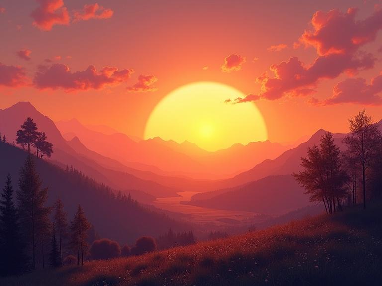 A serene sunset landscape featuring mountains and trees. A large sun sets on the horizon over the valley. Warm colors create a tranquil atmosphere. Nature's beauty at dusk.