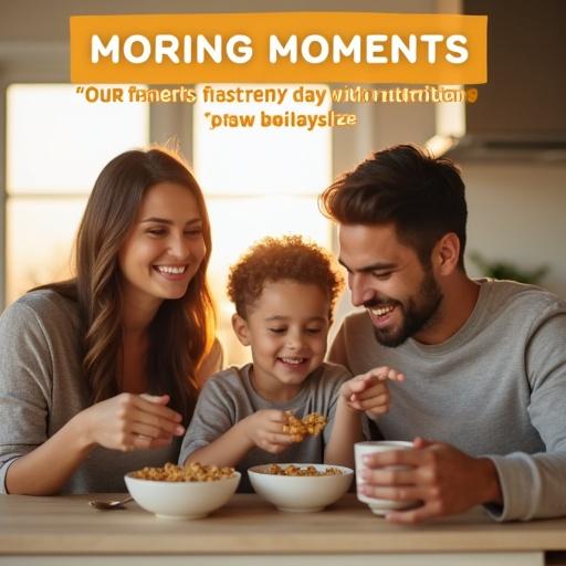 Joyful family enjoys nutritious breakfast in sunlit modern kitchen. Warm golden tones. Banner headline "MORNING MOMENTS MATTER." Testimonial quote about starting the day with goodness. Nutritional information panel visible.