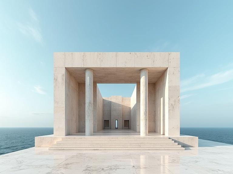 A grand architectural structure made of stone and marble. It features large pillars and an abstract design. The building appears abandoned. It is set against a beautiful ocean backdrop with a clear blue sky.