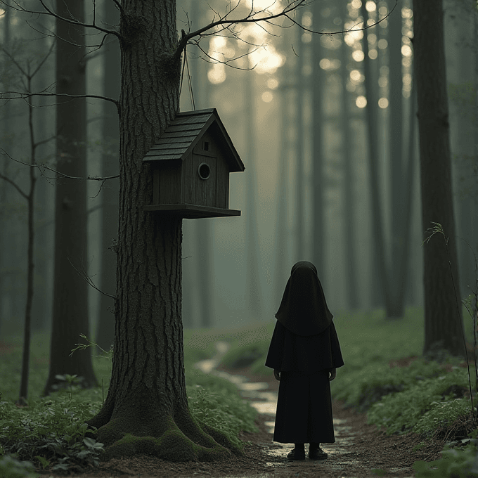 A mysterious figure in a dark hooded cloak stands on a foggy forest path beside a tree with a birdhouse.