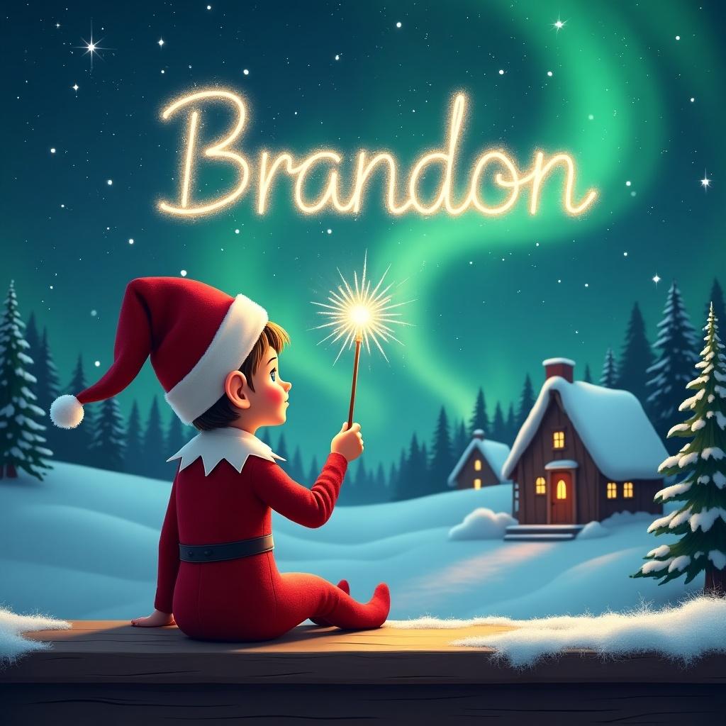 An elf sits on a wooden ledge, gazing at a magical sky. Dressed in a red outfit with a pointed hat, the elf holds a sparkling wand. With the wand, the elf writes the name ‘Brandon’ in the starry sky. Background features a snowy landscape with houses and evergreen trees under shimmering Northern Lights. Scene captures childhood magic and Christmas cheer.