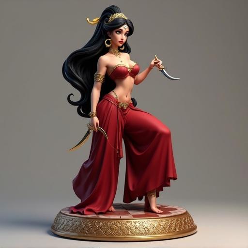 Highly detailed resin statue of a dancer inspired by Jasmine. Confident pose with one leg forward. Deep red outfit with gold accents. Off-the-shoulder crop top and loose pants. Gold jewelry includes bracelets and earrings. Long black hair styled with a half-ponytail. Holds a curved dagger. Base features mosaic design.