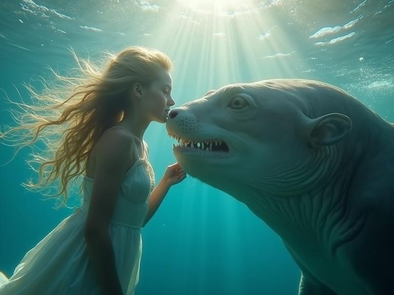 Hyperrealistic underwater scene featuring beautiful girl with flowing blond hair and gentle sea beast. Their bodies half-submerged. Girl touching jaw of the beast while preparing to dive together. Sun rays pierce through water creating a dreamy atmosphere.
