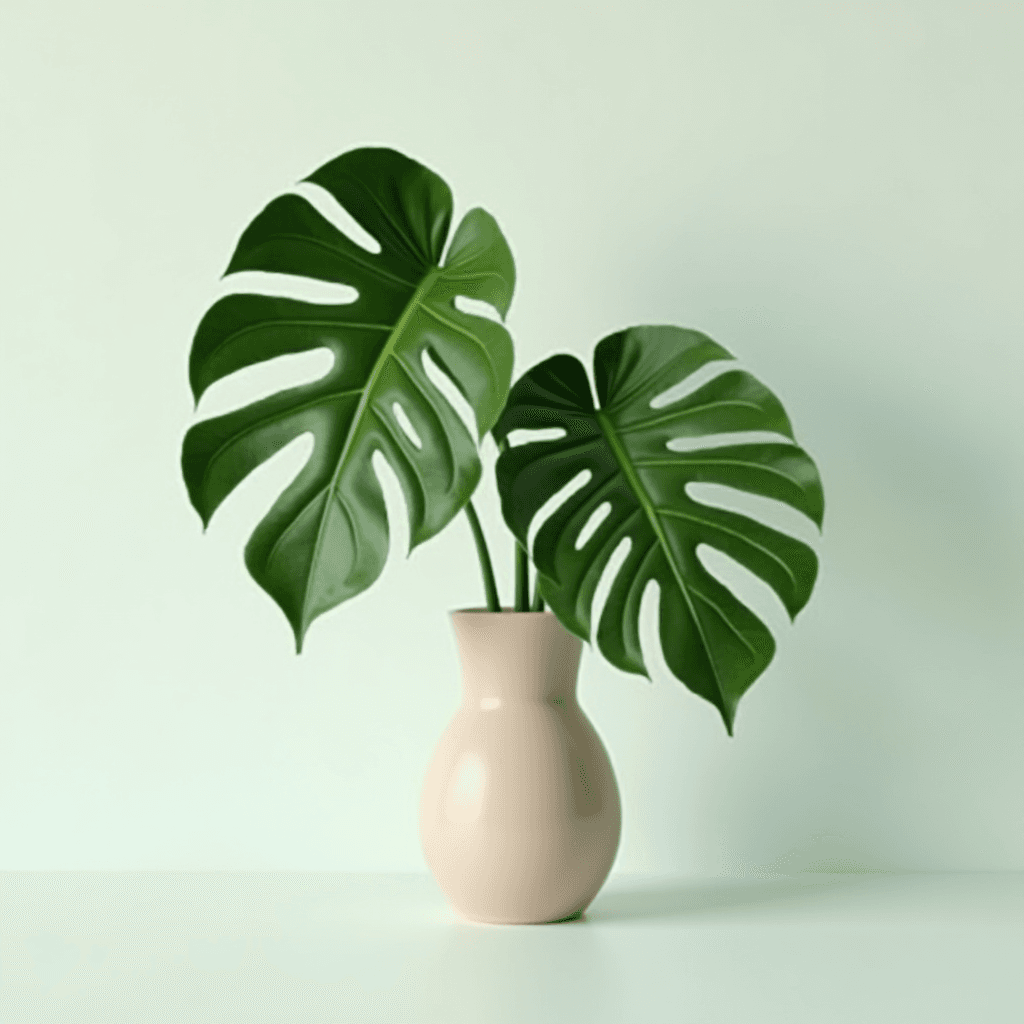 A pale pink vase holding two large, vibrant Monstera leaves against a soft, pastel background.