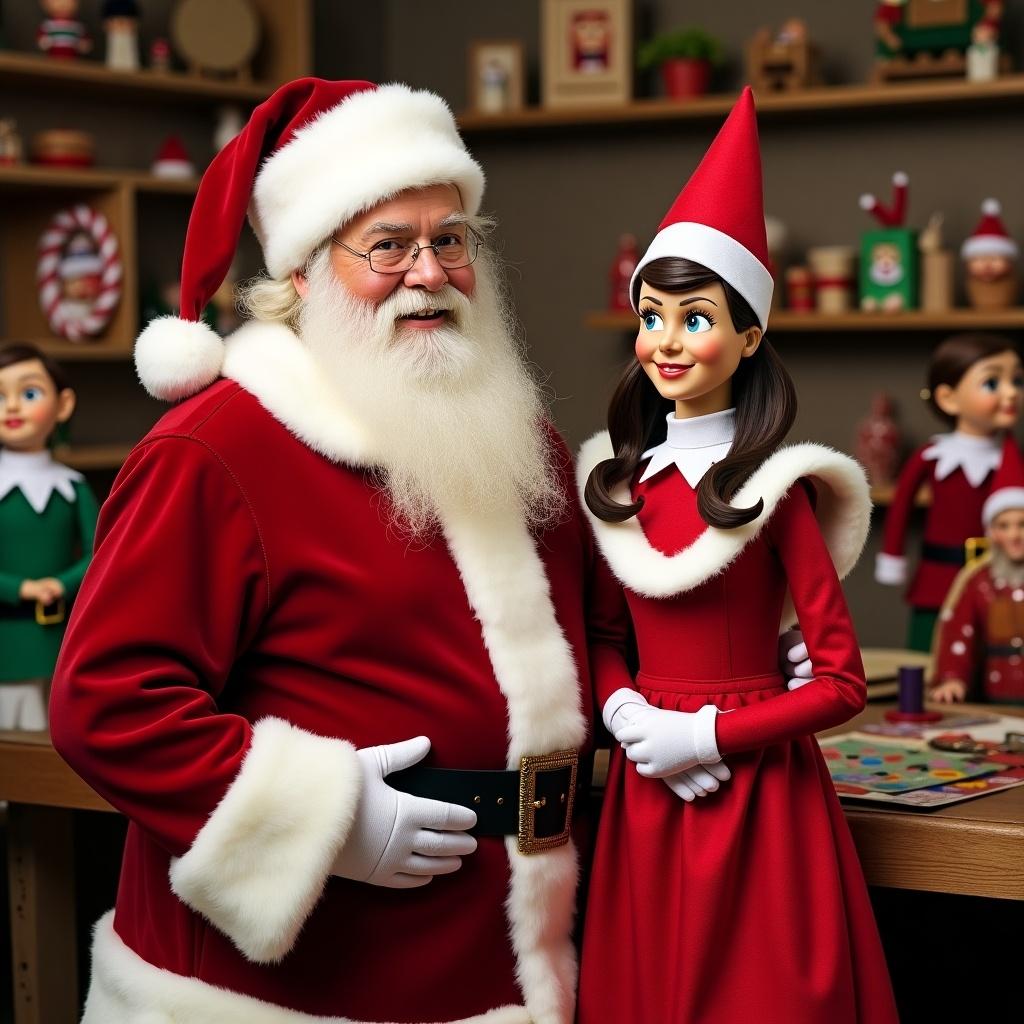 Scene depicts Santa Claus with an Elf on the Shelf and realistic Mrs. Claus. Background includes a toy workshop filled with elves and holiday decorations.