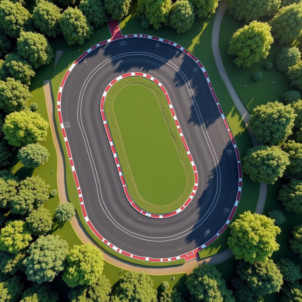 This image showcases an aerial view of a remote-controlled (RC) racetrack located in a cul de sac. The track features a smooth layout with seven gentle turns and a long straight segment, ideal for RC car racing. Lush greenery surrounds the track, adding to the scenic appeal. The racetrack is designed for easy navigation without any sharp turns. The colors of the track, including red and white borders, stand out against the green backdrop, making it visually appealing for racing enthusiasts.